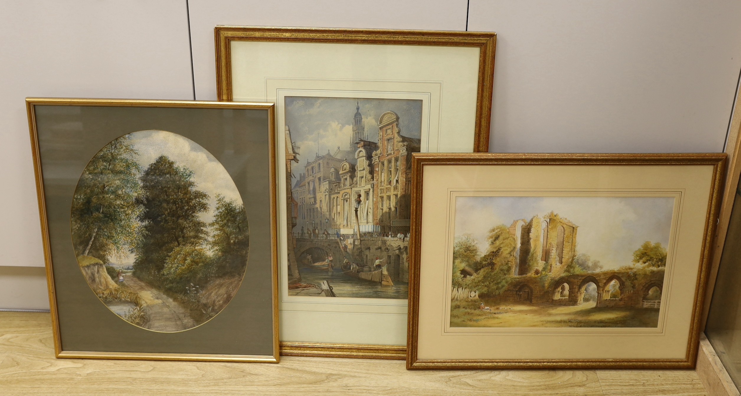After Samuel Prout, watercolour, 'Utrecht Town Hall', 41 x 26cm and two other watercolours